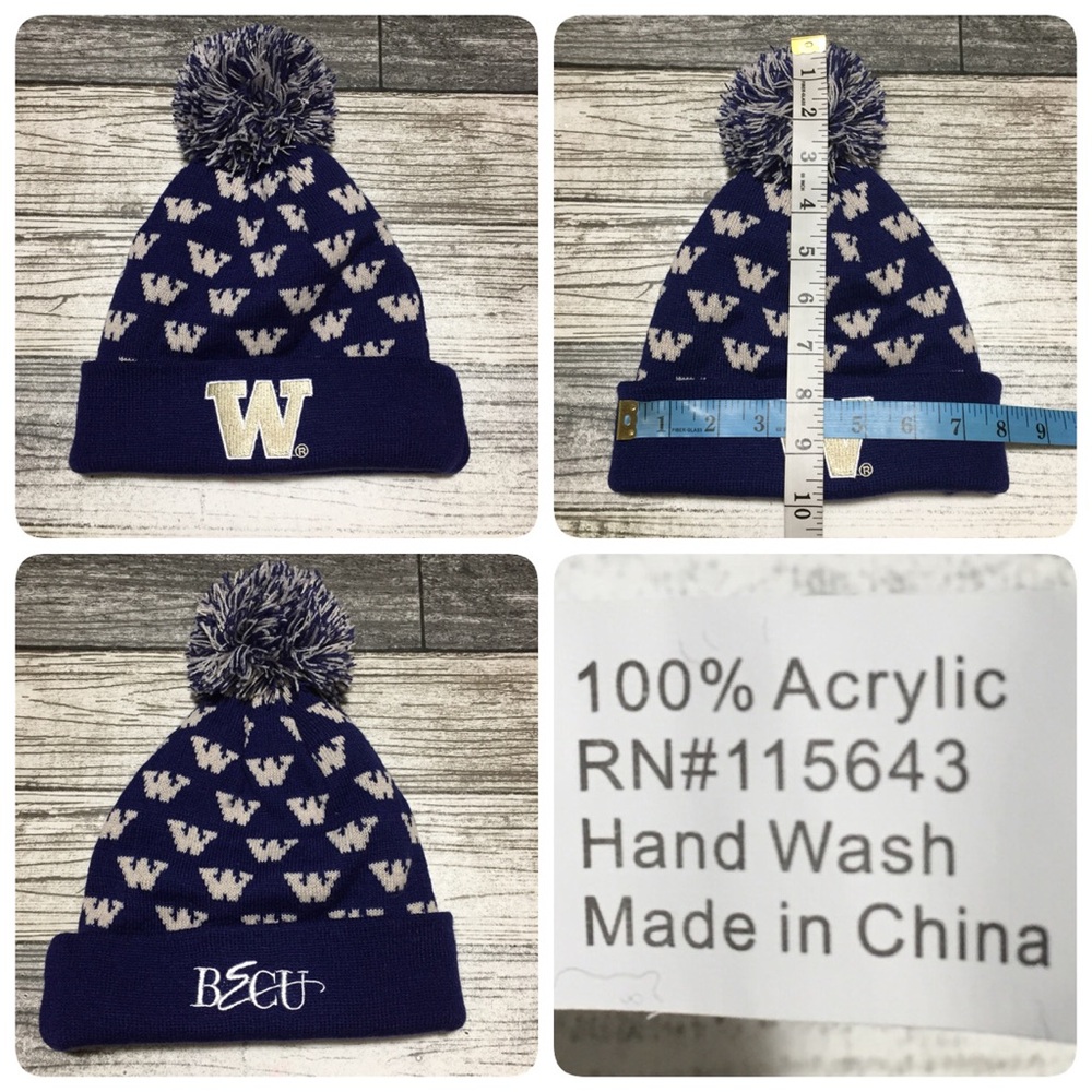 Washington Huskies Cuff BECU Beanie Hat Cap Adult Purple Pom UW All Over Print
